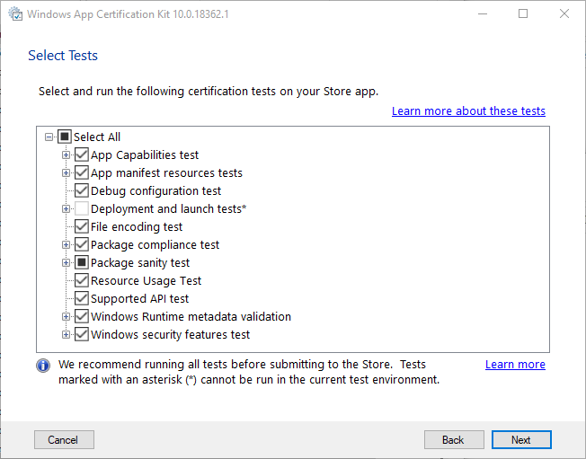 Windows アプリ認定キットでのテストの選択のスクリーンショット