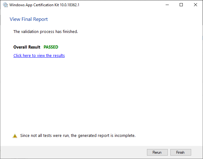 Windows アプリ認定キットでの最終的なレポート結果のスクリーンショット