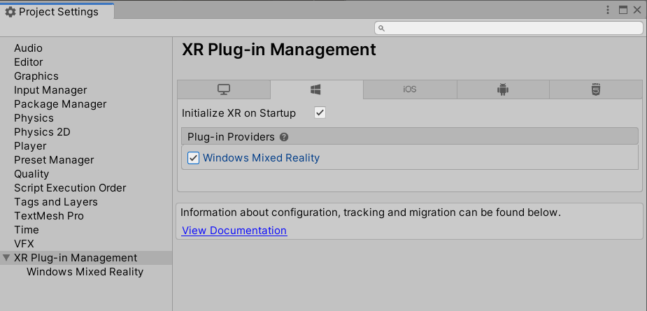 [Windows] タブが選択された XR プラグイン管理