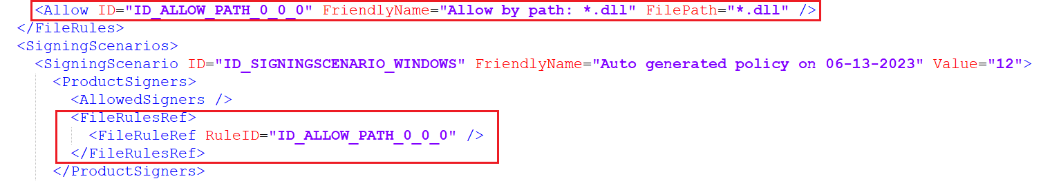 xml ポリシー内のすべての dll ファイルを許可します。