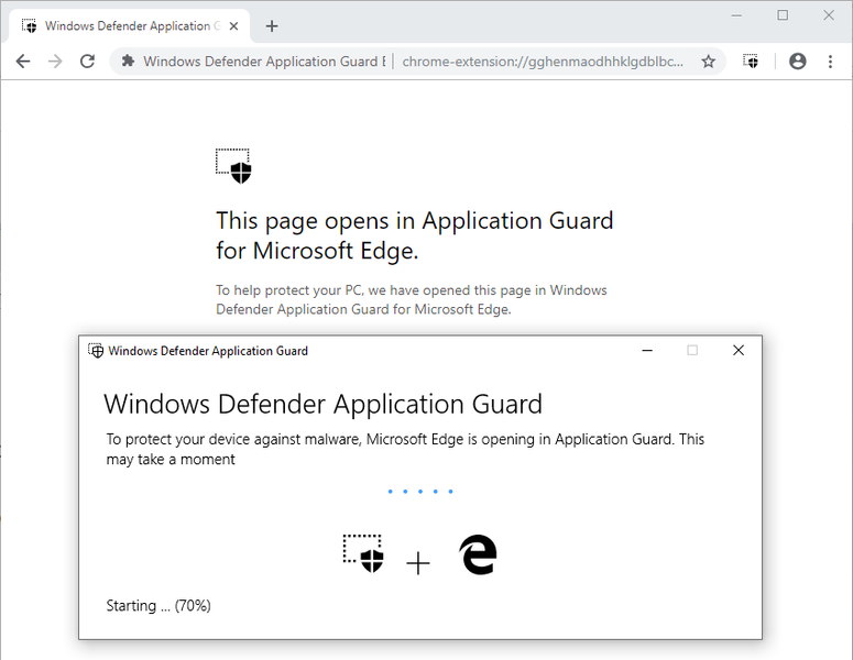 Application Guard コンテナーにリダイレクトされている非エンタープライズ Web サイト -- 表示されるテキストは、ページが Application Guard for Microsoft Edge で開かれていることを説明します。