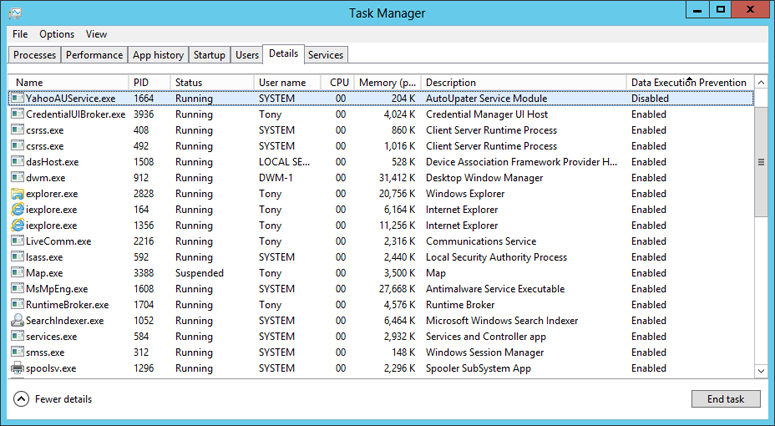 Windows 10 で DEP が有効になっているプロセス。