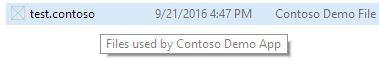 Screenshot of File Explorer showing a tooltip that says Files used by Contoso Demo App.
