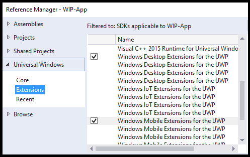 UWP 拡張機能の追加