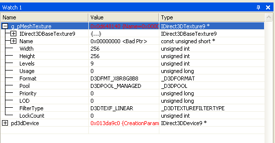 watch ウィンドウでの direct3d テクスチャ オブジェクトのスクリーン ショット