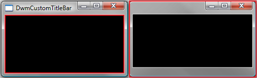 標準フレームとカスタム フレーム上の赤い強調表示されたクライアント領域のスクリーン ショット