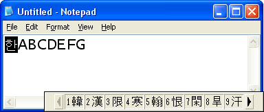 ウィンドウの下部で選択できる Hanja 文字の一覧を含む候補ウィンドウを示すスクリーンショット。