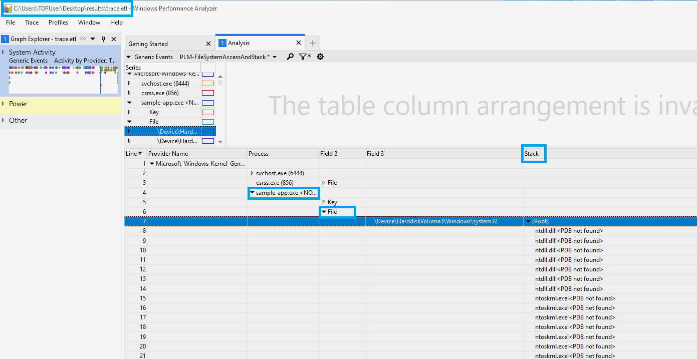 Windows Performance Analyzer にアクセス試行スタックの視覚化が表示されているスクリーンショット