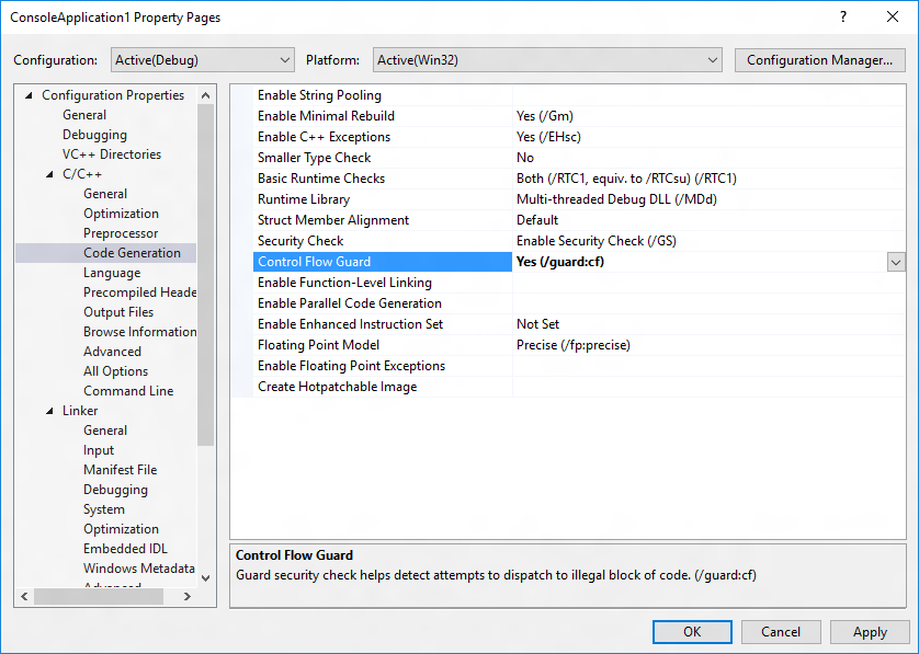 Visual Studio のコード生成ビルド構成の Control Flow Guard プロパティのスクリーンショット。