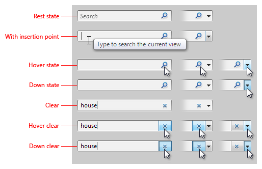 さまざまな状態のインスタント検索ボックスの図 