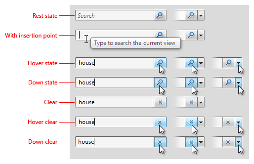 さまざまな状態の通常の検索ボックスの図 