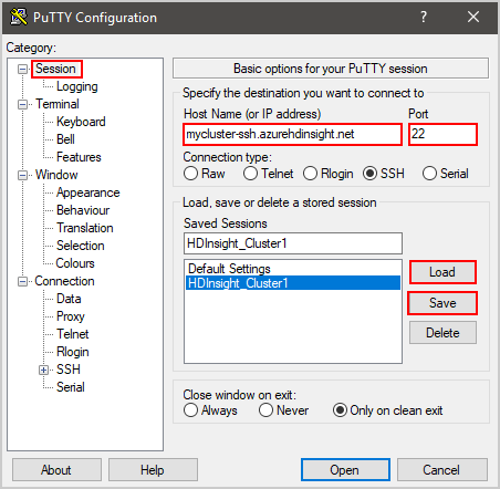 HDInsight는 putty 세션을 만듭니다.