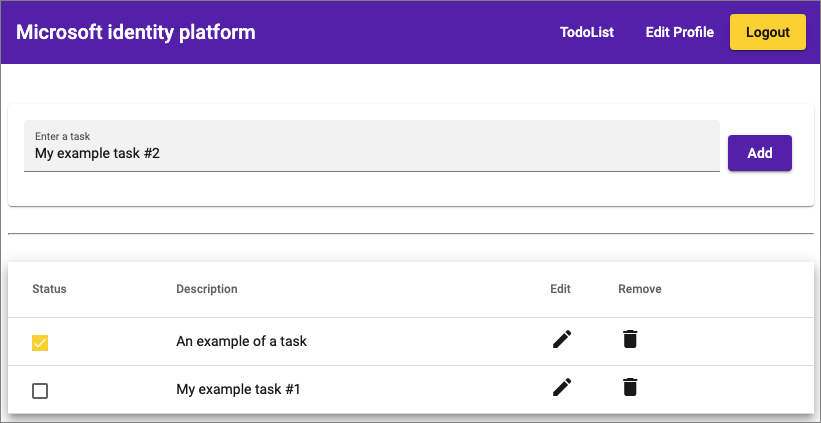 Screenshot that shows the Angular sample app's call to the to-do list.