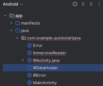 IRDataHolder Java 클래스 파일의 스크린샷.