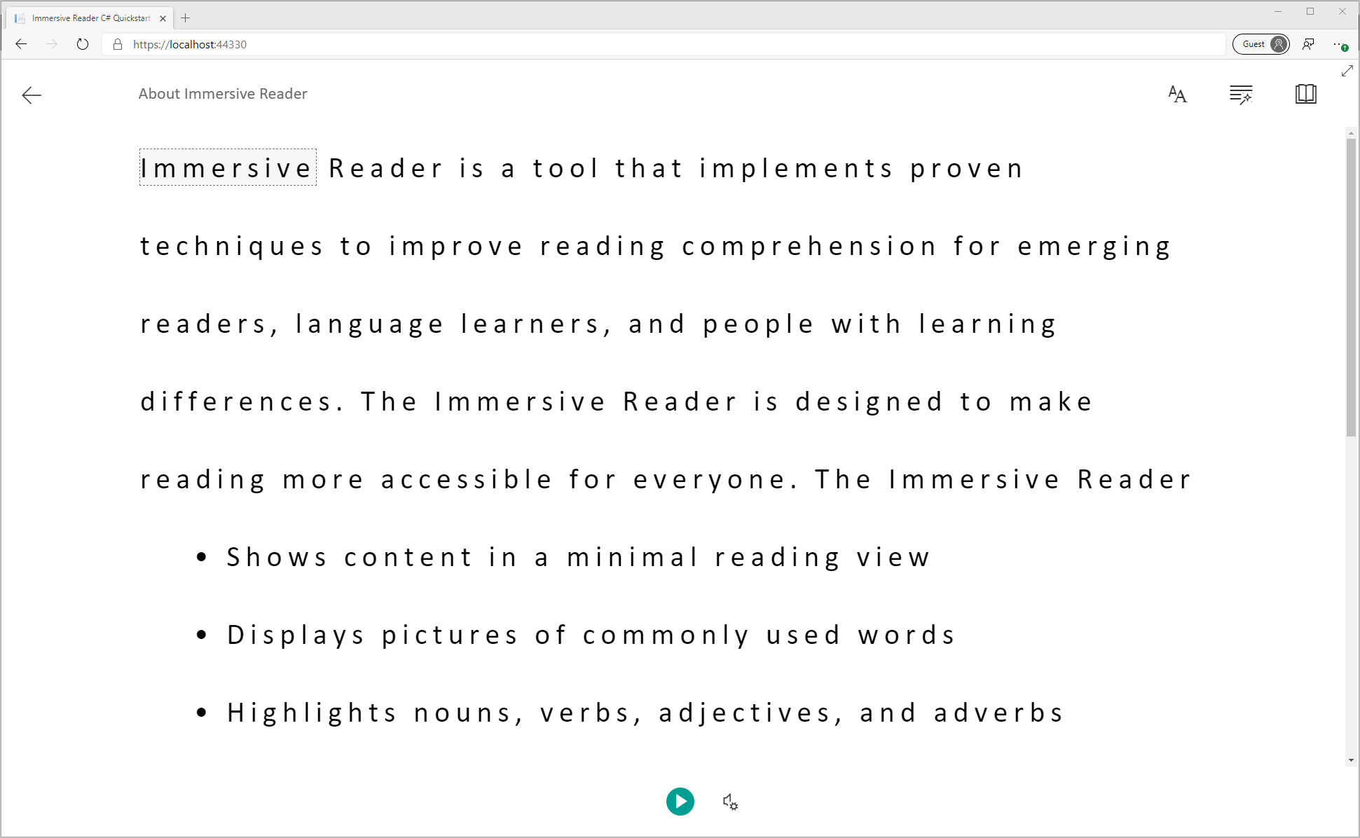 Immersive Reader 앱의 스크린샷.