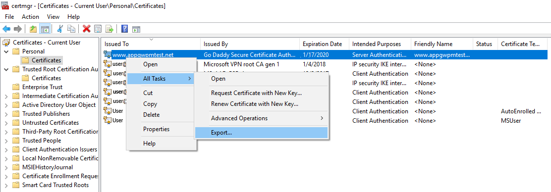 Screenshot shows the Certificate Manager with Certificates selected and a contextual menu with All tasks, then Export selected.