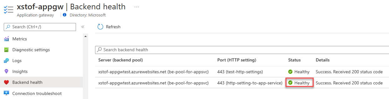 Azure Portal에서 백 엔드 상태 확인