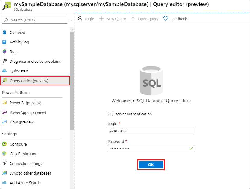 Azure Portal의 쿼리 편집기에 로그인하는 스크린샷.