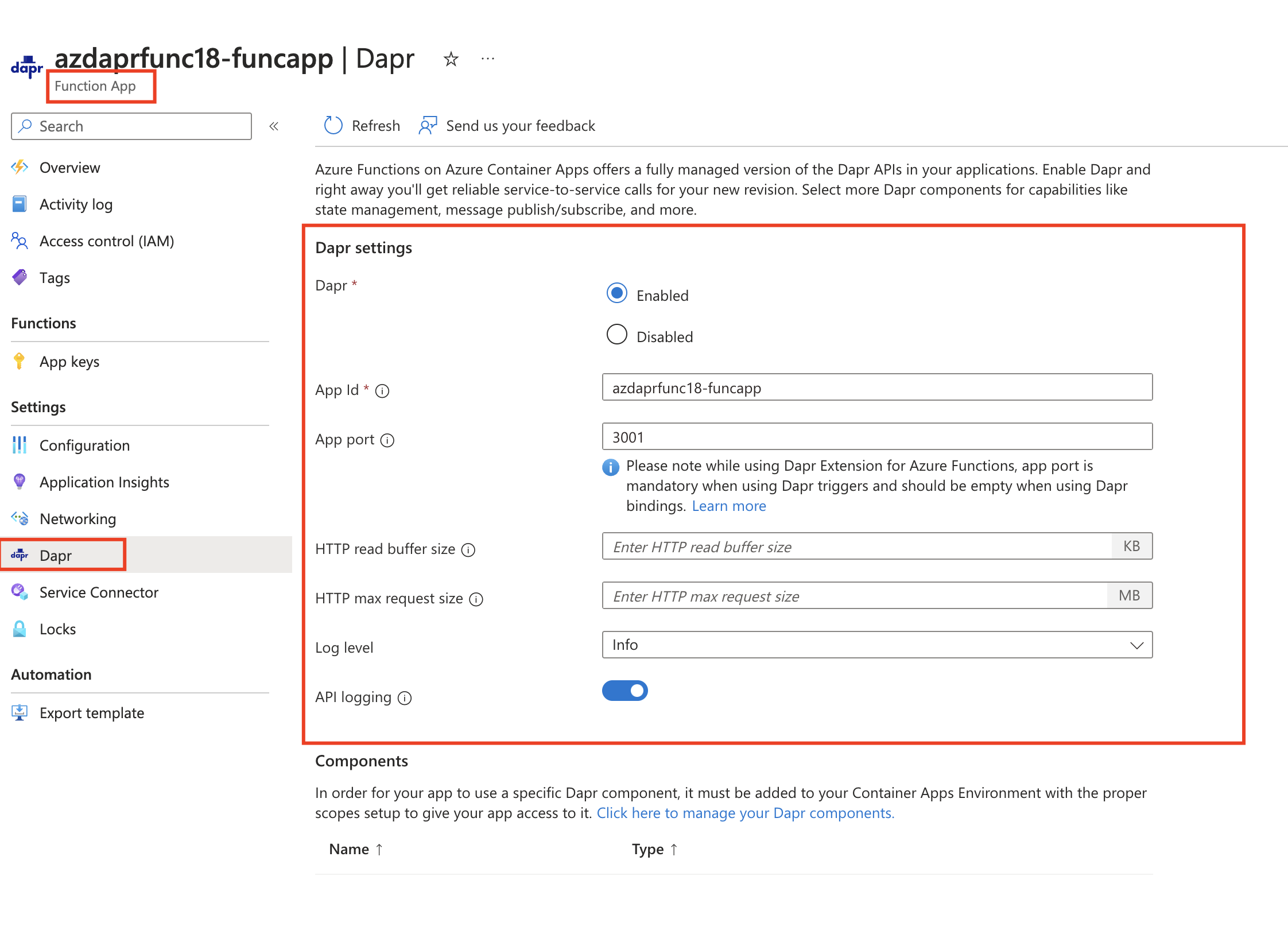 Azure Portal에서 함수 앱에 대한 Dapr 사용을 찾을 수 있는 위치를 보여 주는 스크린샷.