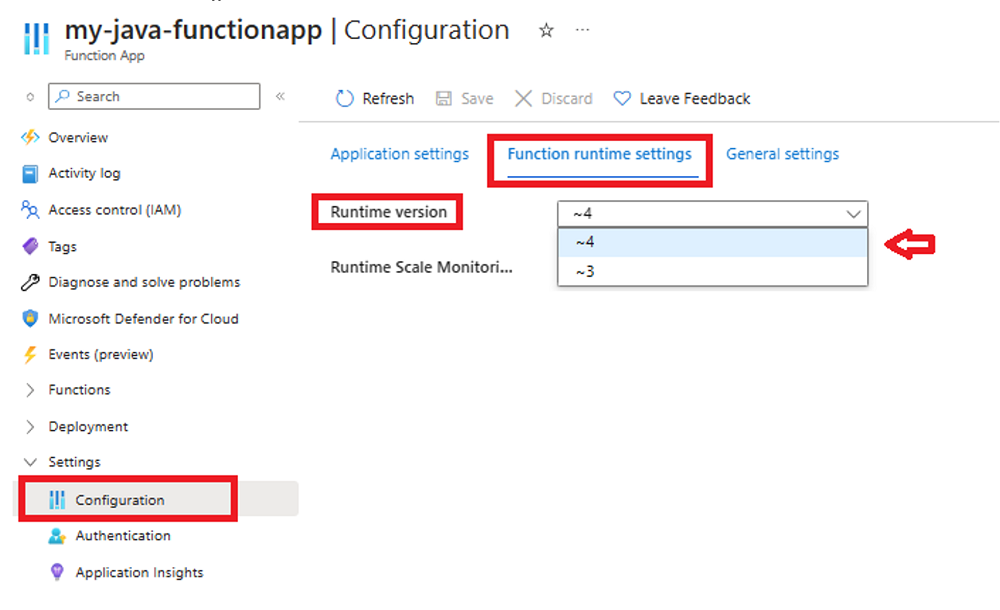 Azure Portal에서 앱의 Functions 런타임 버전을 보는 방법의 스크린샷.