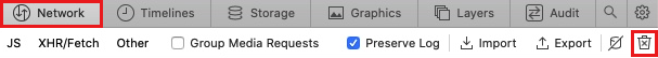 Safari의 네트워크 탭에 있는 네트워크 항목 지우기 옵션의 스크린샷.
