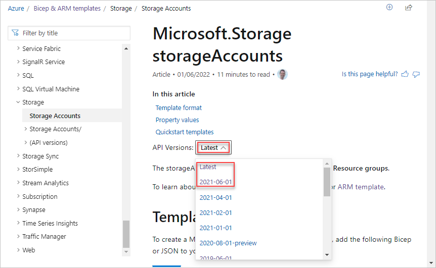 Resource Manager template reference storage account versions