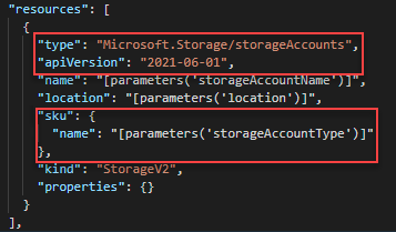 Resource Manager template storage account definition