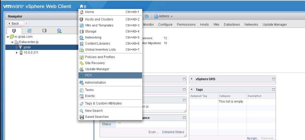 스크린샷은 vSphere 클라이언트의 VMware HCX 옵션을 보여줍니다.