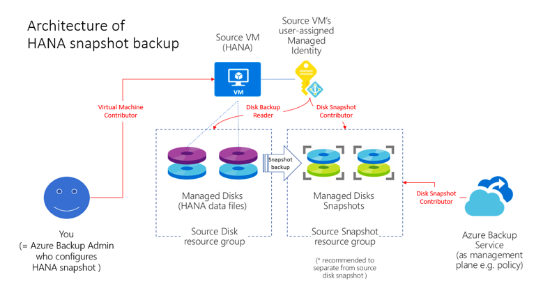 SAP HANA 데이터베이스 인스턴스 스냅샷 백업 아키텍처를 보여주는 다이어그램.