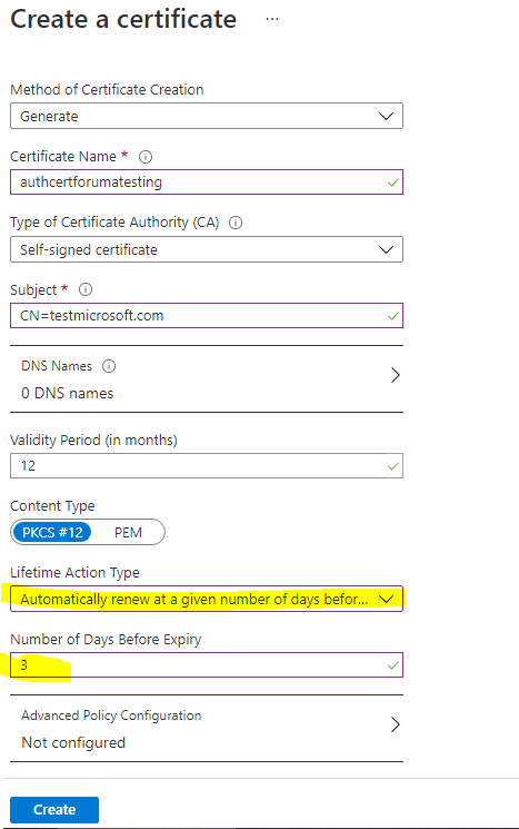 Azure Portal 인증서 만들기 화면의 스크린샷.