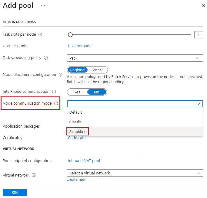 Screenshot that shows creating a pool with simplified mode.