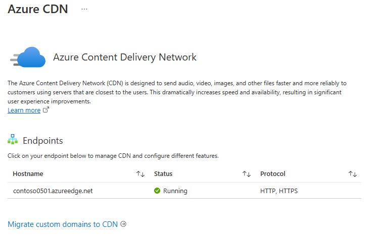 목록에 있는 새 Azure Content Delivery Network 엔드포인트의 스크린샷입니다.