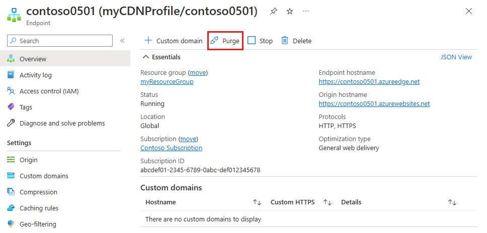 Azure Content Delivery Network 프로필의 제거 단추의 스크린샷입니다.