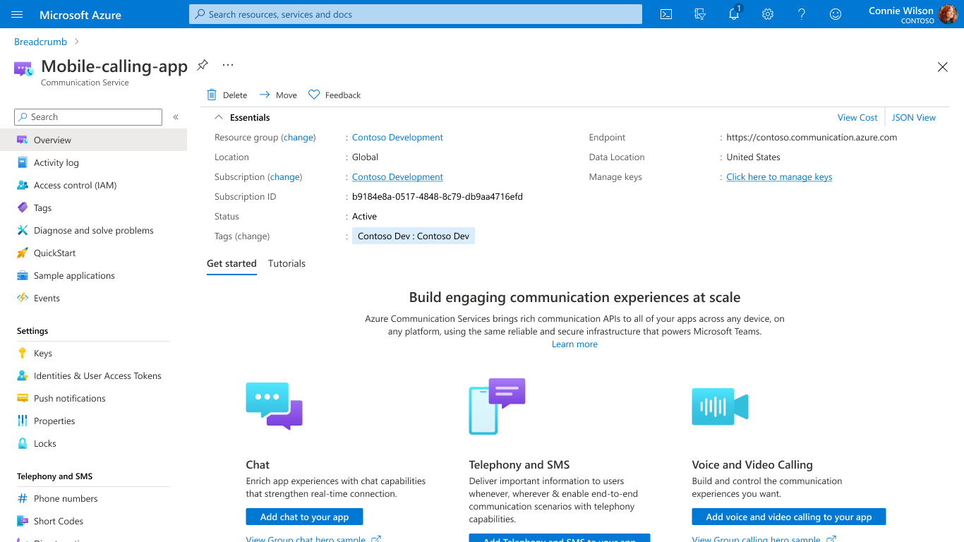 Communication Services 리소스의 기본 페이지를 보여 주는 스크린샷.