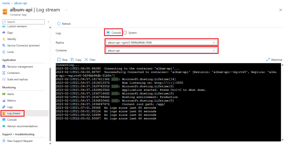 앱 페이지의 Container Apps 콘솔 로그 스트림 스크린샷.