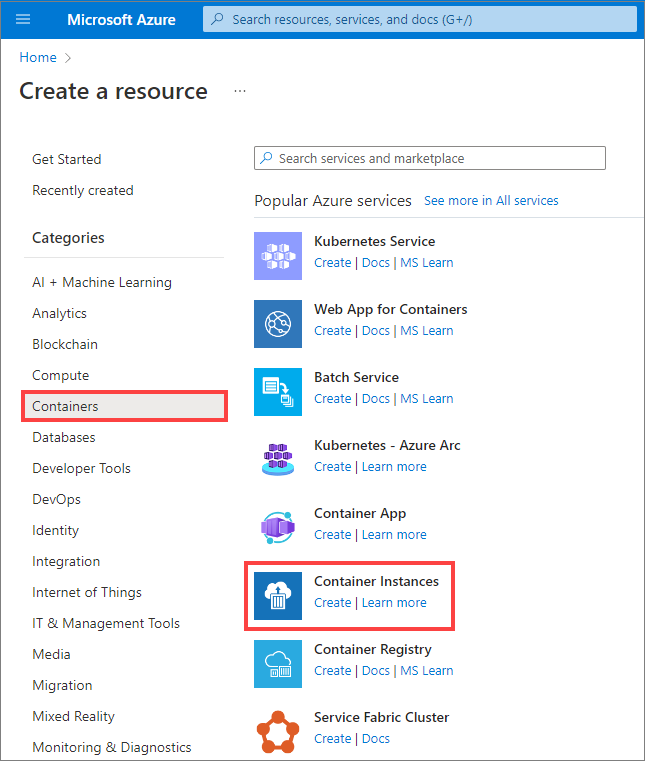 Azure Portal에서 만들려는 새 컨테이너 인스턴스를 선택하는 방법을 보여 주는 스크린샷