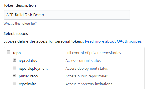 GitHub에 있는 개인용 액세스 토큰 생성 페이지의 스크린샷