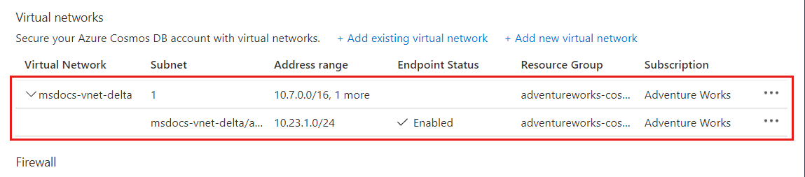 목록에서 성공적으로 구성된 Azure Virtual Network 및 서브넷의 스크린샷