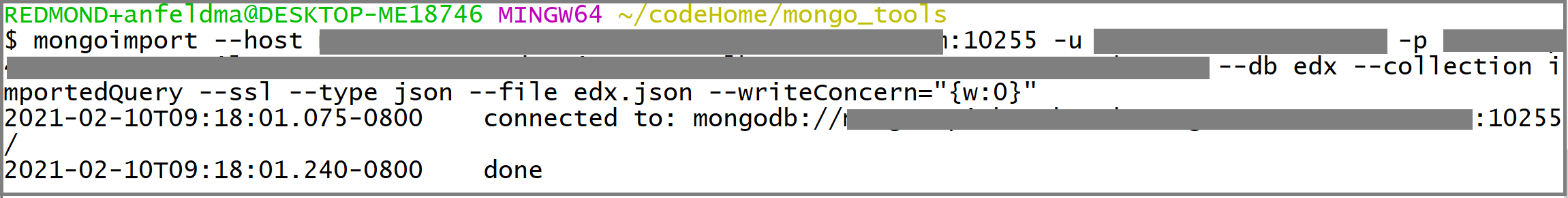 mongoimport 호출의 스크린샷.