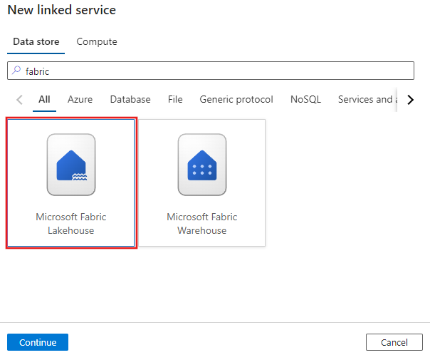 선택된 Microsoft Fabric Lakehouse 커넥터를 보여 주는 스크린샷.