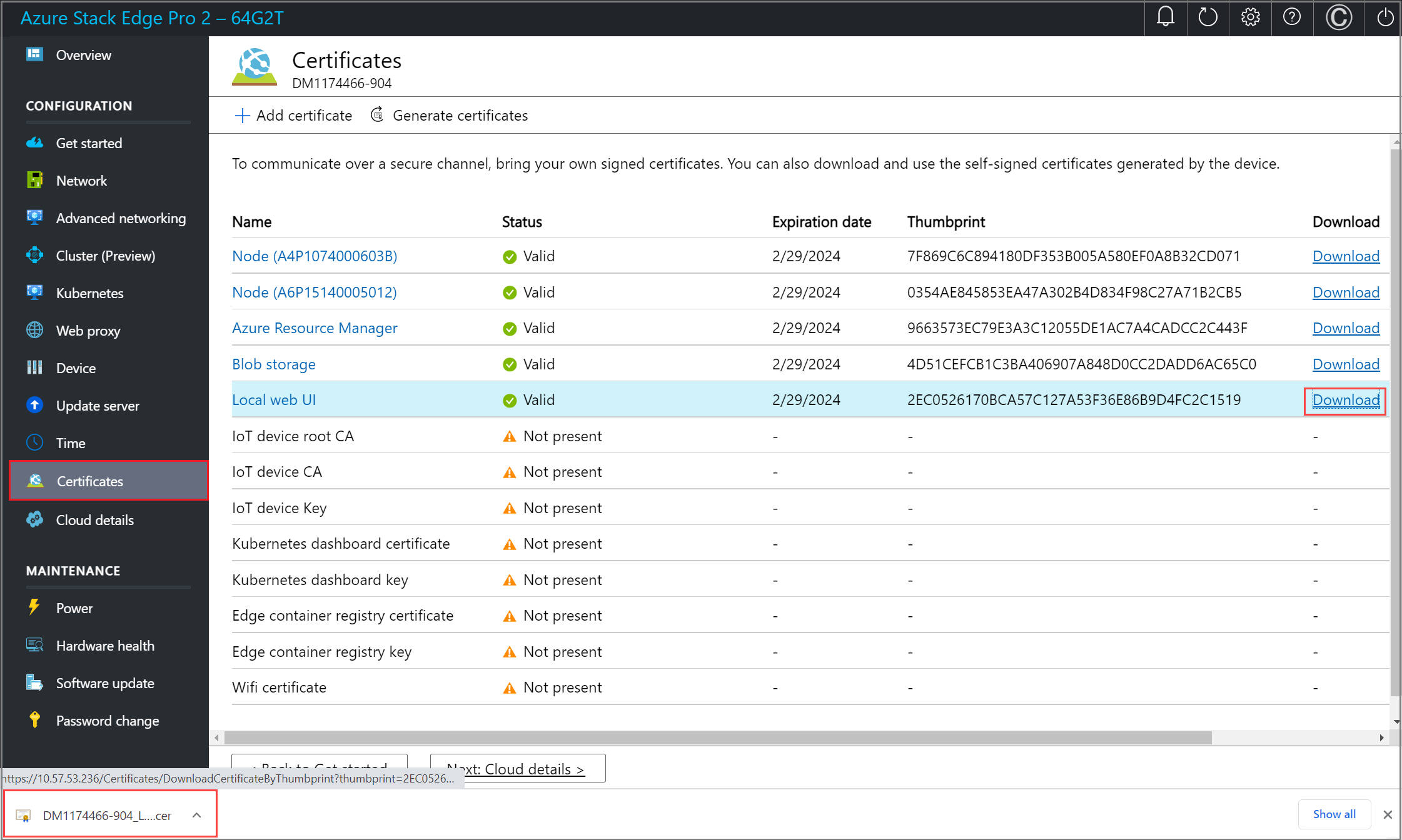 Screenshot of the Certificates page on an Azure Stack Edge device. A download link has been selected. The link and the download options are highlighted.