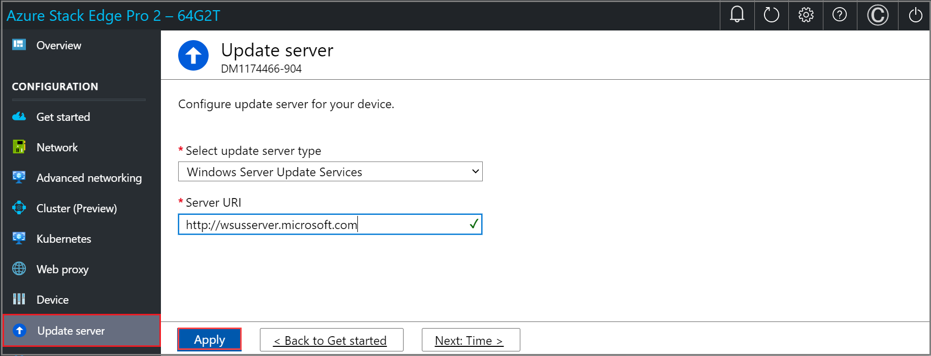 Azure Stack Edge 디바이스의 로컬 웹 UI에 구성된 Windows Server Update Services가 있는 업데이트 서버 페이지의 스크린샷 적용 단추가 강조 표시됩니다.