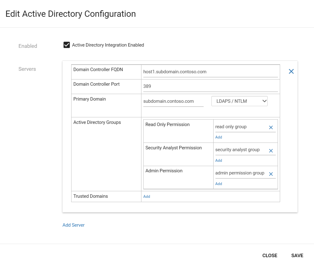 온-프레미스 관리 콘솔의 Active Directory 통합 구성 스크린샷.