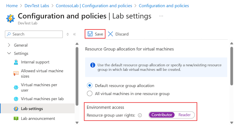 DevTest Labs에서 랩 사용자에 대한 기여자 역할 권한을 설정하는 방법을 보여 주는 스크린샷.