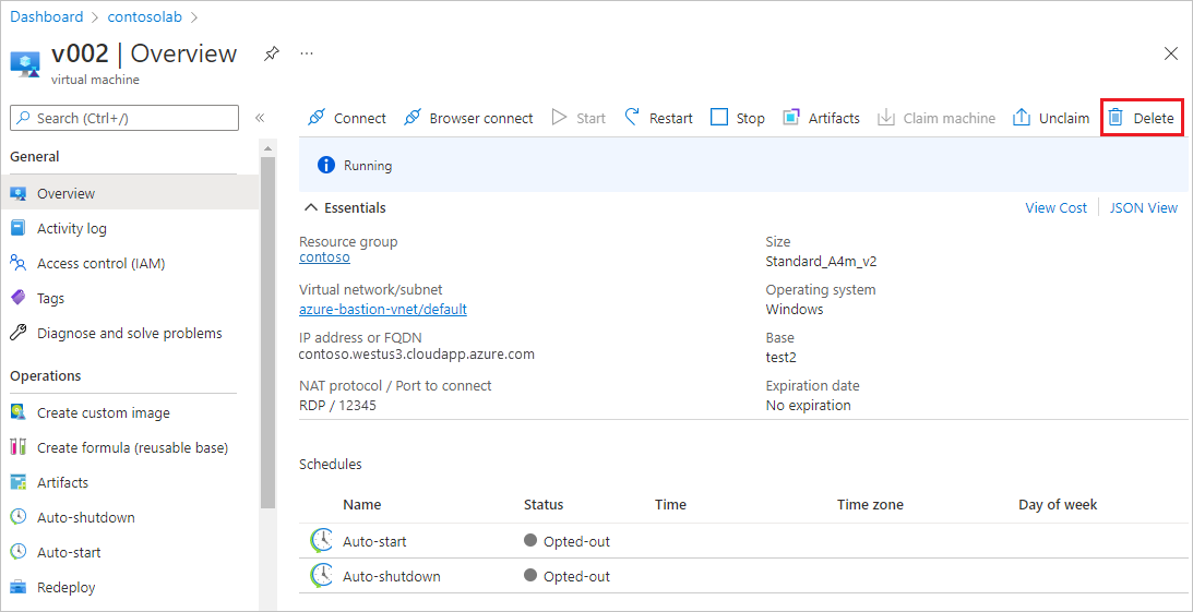 Screenshot of the Delete button on the V M Overview page.