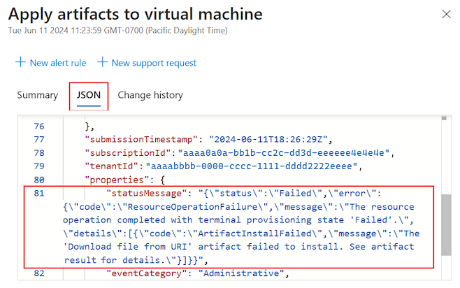 실패한 아티팩트에 대한 활동 로그 항목의 JSON 세부 정보를 보는 방법을 보여 주는 스크린샷.