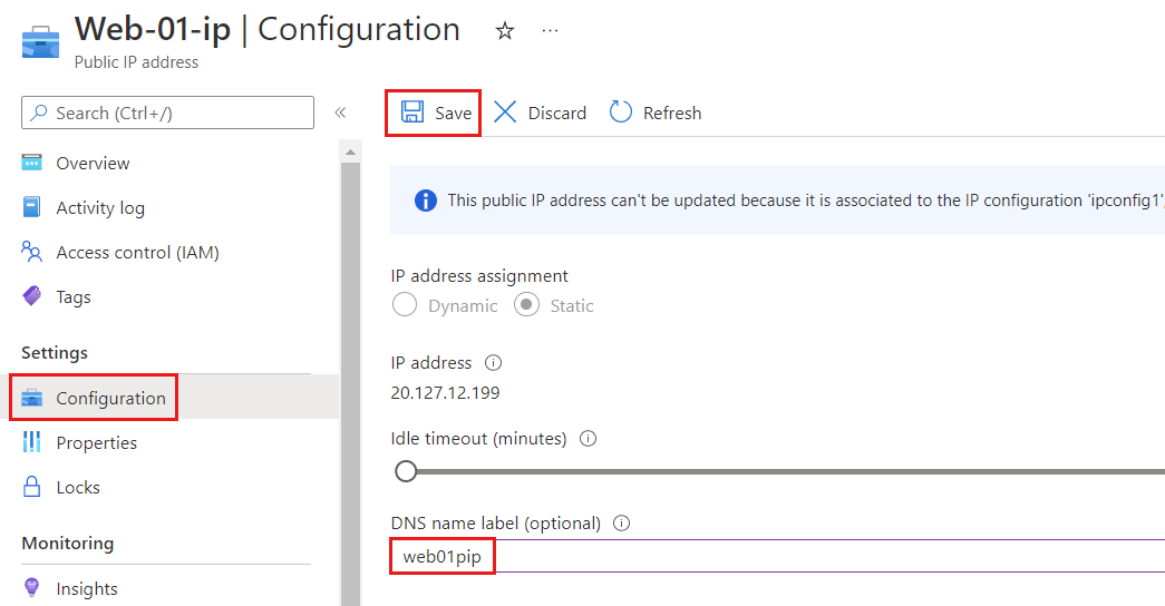 DNS 이름 레이블을 표시하는 Azure 공용 IP 주소의 구성 페이지 스크린샷.