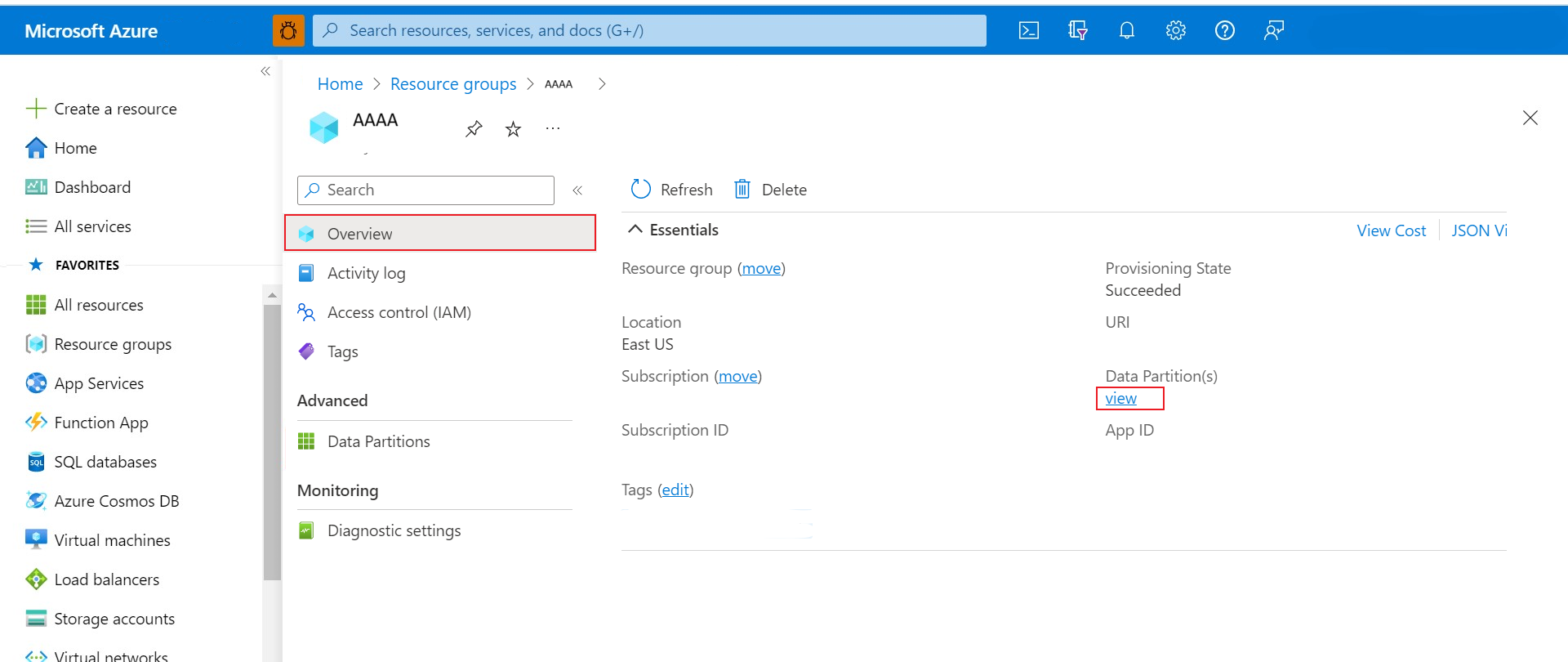 Azure Data Manager for Energy 인스턴스 개요 페이지에서 data-partition-id를 찾는 것을 보여 주는 스크린샷.