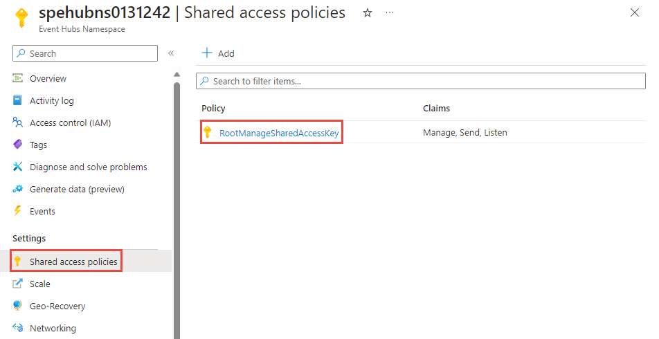 Event Hubs 네임스페이스에 대한 공유 액세스 정책 페이지를 보여 주는 스크린샷