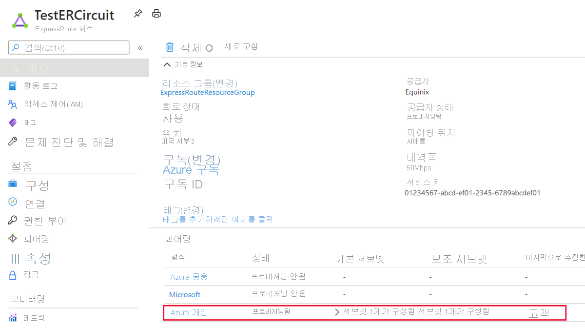 ExpressRoute 회로 스크린샷